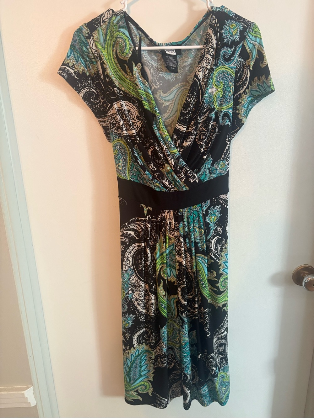 Studio 1940 Black, Teal, and Green Paisley Wrap Midi Dress
